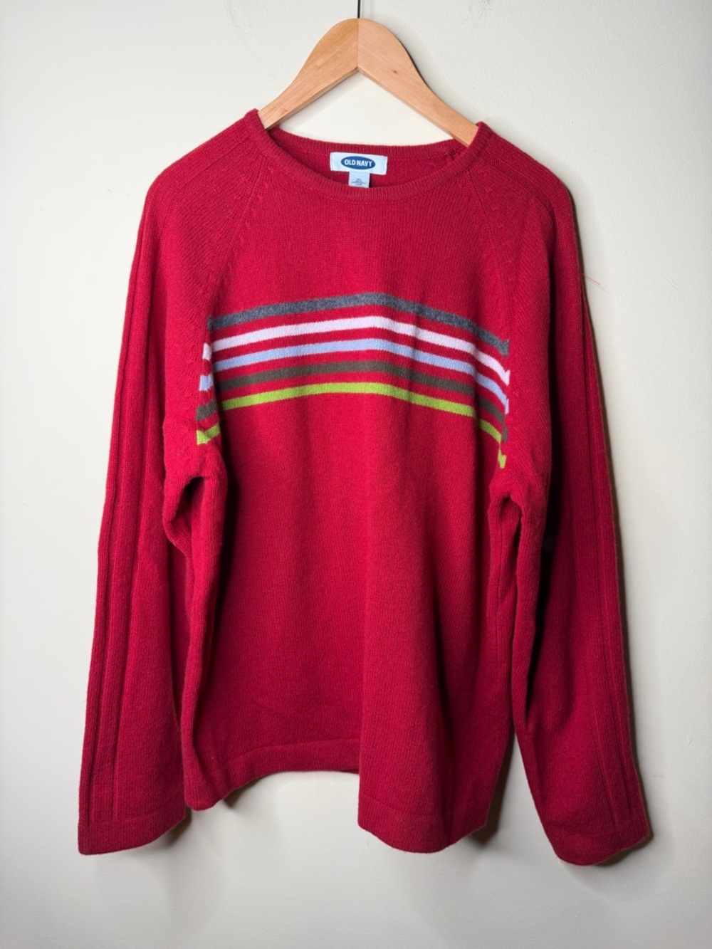 Vintage Old Navy XL Lambswool Red Crewneck Sweater Stripes 90s Retro Y2K